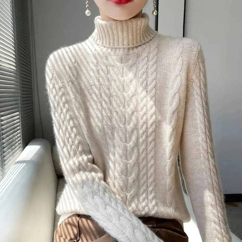 

Thicken Turtleneck Knitted Sweater For women Retro Loose Base Knitted Pullover Autumn Winter Warmth Elastic Sweaters Female
