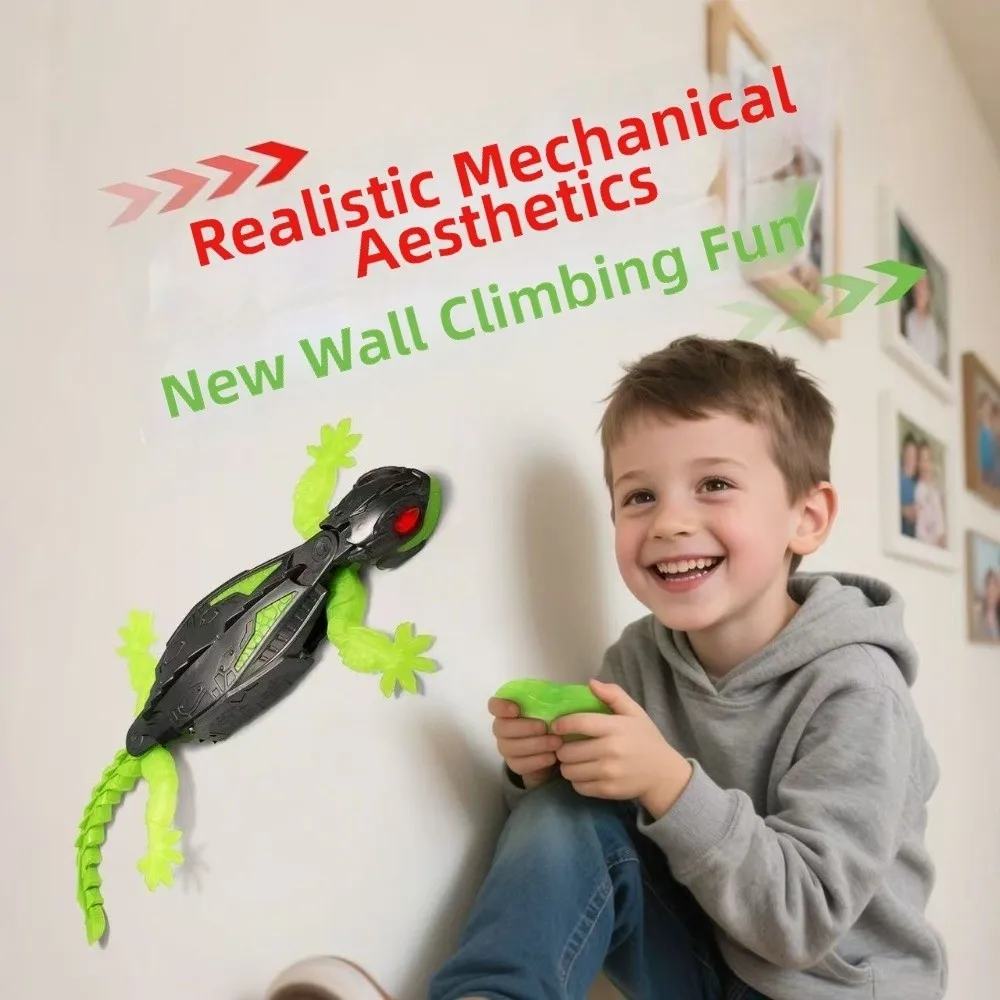 Zabawka RC - łapacz ścian, zdalnie sterowany, z akumulatorem, z oczami LED, wspinający się gekon, realistyczny robot.
