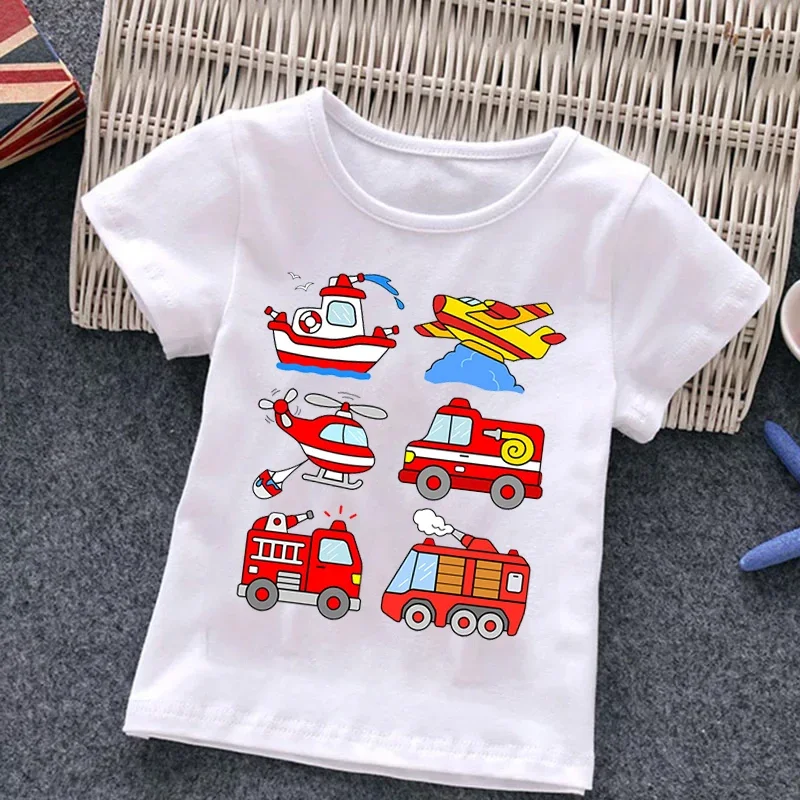 Firetruck Firefighter Kids Clothes Short-sleeved T-shirts Children Sweatshirt Cartoon Cartoon car excavator Boys Girls Clothing