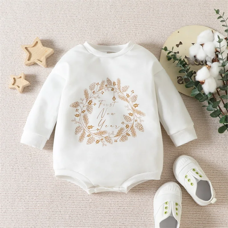 Infant Unisex Jumpsuit Festive Long Sleeve Round Neck Snowflake Reindeer Patterned  for Christmas Holiday