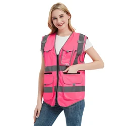 Pink Safety Vest Reflective with Pockets for Women Hi Vis Vest Security Reflective Vest Work Cycling Warning Outdoor