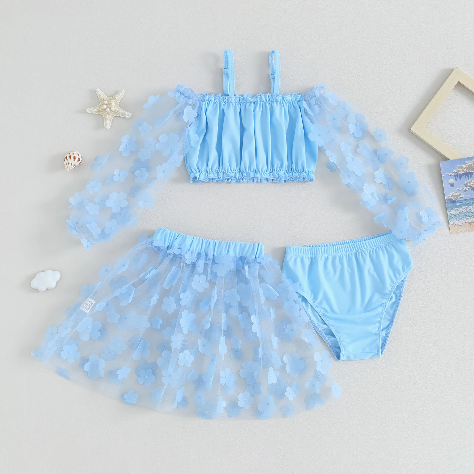 

Girls 3 Piece Swimsuits Long Sleeve Cami Tops Blue Thong 3D Flower Mesh Skirt Bathing Suits