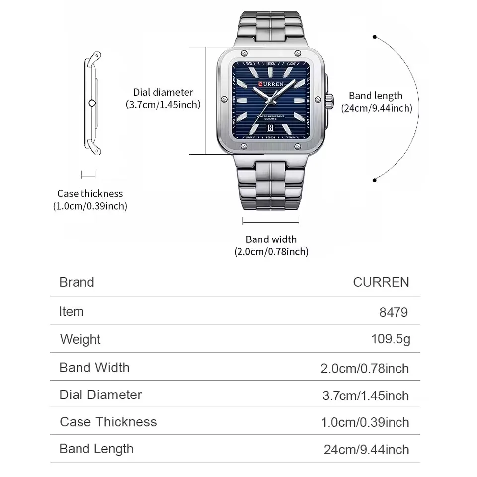CURREN 8479 Orologio al quarzo da uomo di moda di marca Elegante quadrante quadrato Calendario Cinturino in acciaio impermeabile Orologi casual da lavoro per uomo