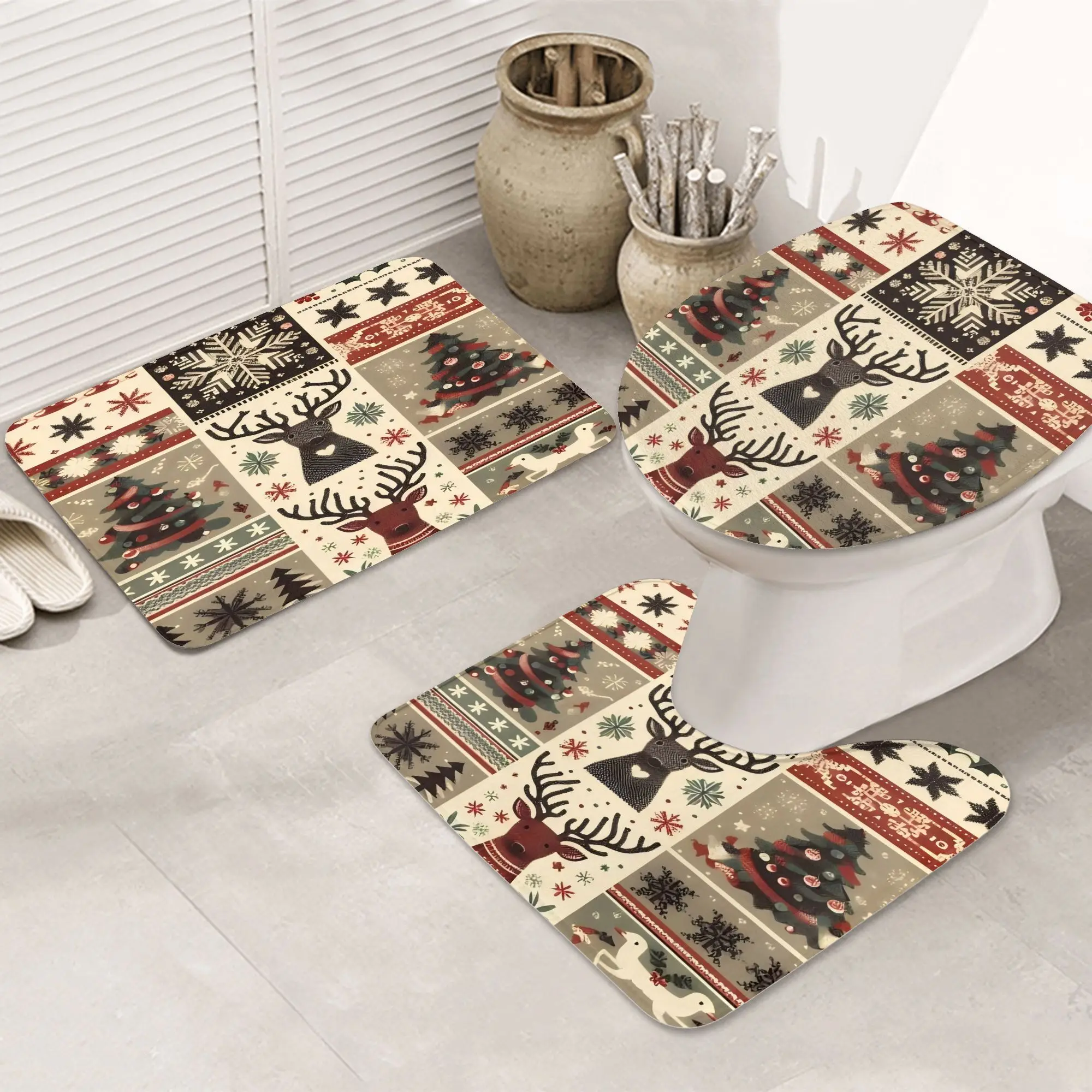 3pcs Christmas Plaid Design Premium Carpet Set with U-Shaped Toilet Seat Cover and Lid—Made of High-Quality Flannel, Soft, Comfo