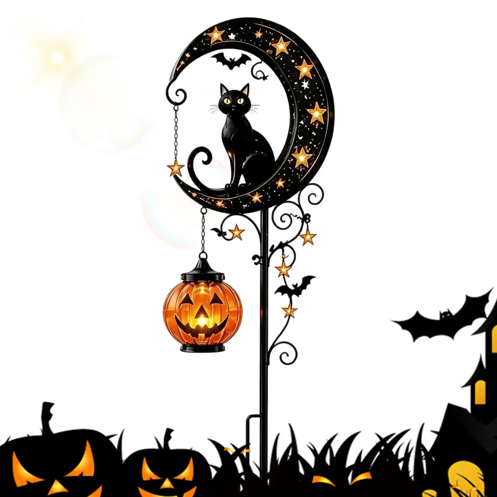Solar Garden Stake Light Metal Weather-Resistant Spooky Decoration Black Cat Pumpkin Moon Light For Patio Yard Lawn Pathway