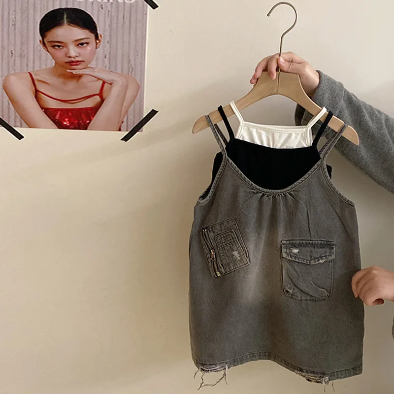 Girls' new summer style Korean version fake two-piece vest fashionable retro sticker lazy washed denim skirt two-piece set