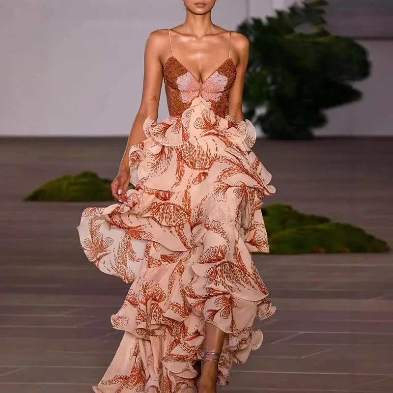 Vestidos largos sexis con cuello en V y espalda descubierta para mujer, vestido bohemio hueco sin mangas, vestido plisado con volantes y estampado de mariposa a la moda