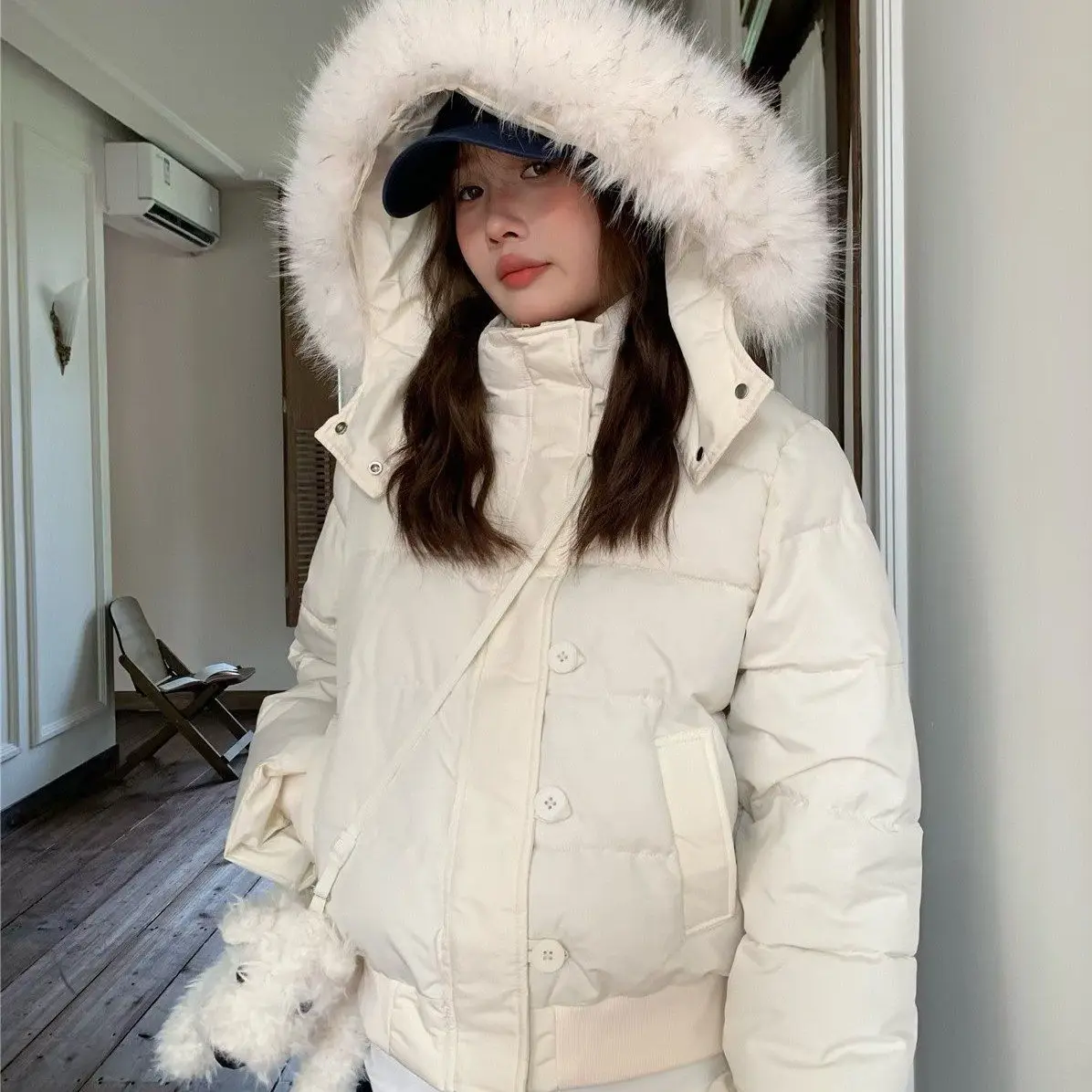 Korean Style Women Y2K Vintage Winter Parka Faux Fur Collar Warm Cotton Padded Casual Streetwear Thick Loose Outer Daily Garment