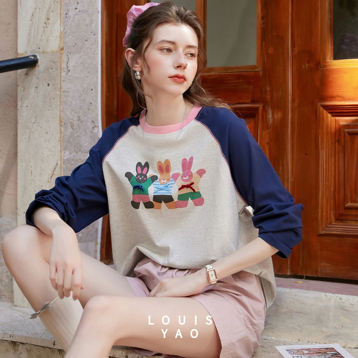 LOUIS YAO Women's T-Shirts 2026 Spring Color Block Funny Print Casual Pullover Top Women 100% Cotton Long Sleeve T-Shirt