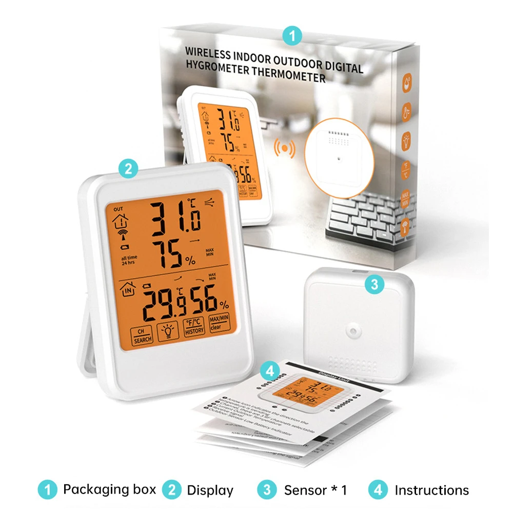 Bezprzewodowy cyfrowy termohigrometr kryty termometr zewnętrzny higrometr wyświetlacz czasu i daty miernik temperatury i wilgotności dla domu