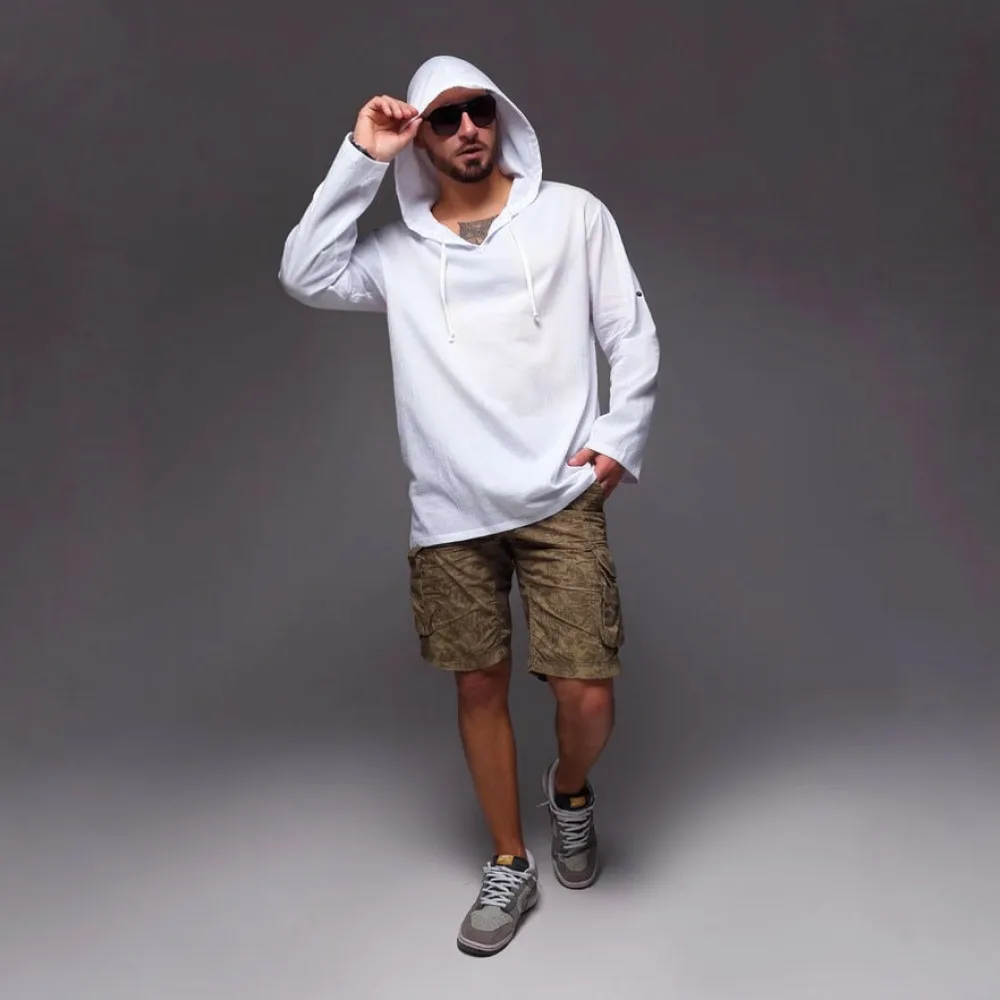 Casual Hooded Shirt Men Long Sleeve Linen Blend Top Breathable Lightweight Summer Beachwear Outdoor Sunblock Fashion Clothes