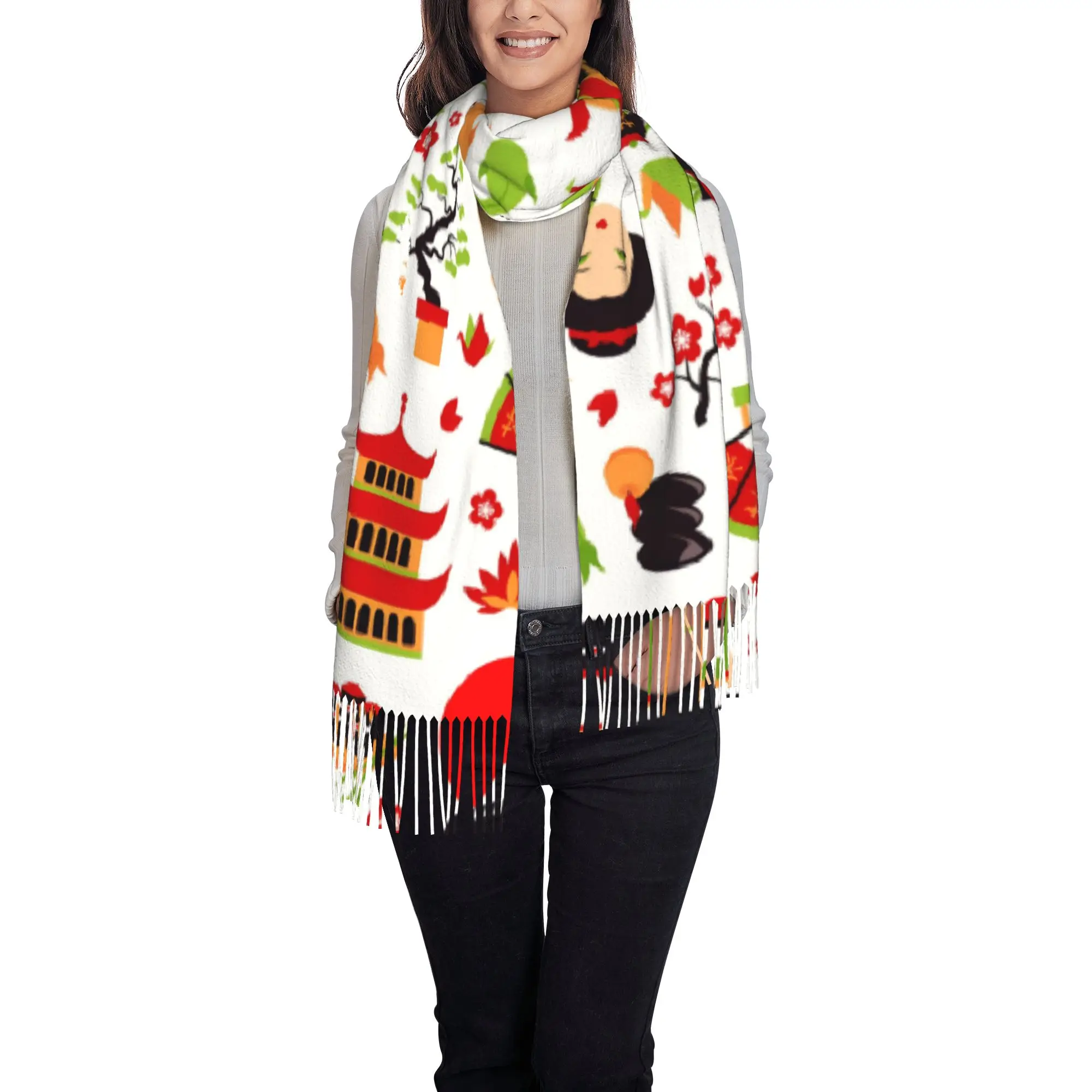 Custom White Japanese Geisha Lucky Cat Scarf Wrap for Women Long Winter Warm Tassel Shawl Unisex  Scarves