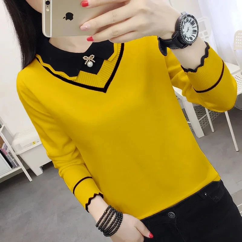 Women\'s Short Knit Sweater Jumper Spring Autumn New Versatile Doll Neck Long Sleeves Bottom Shirt Female Sweater Pullover Tops