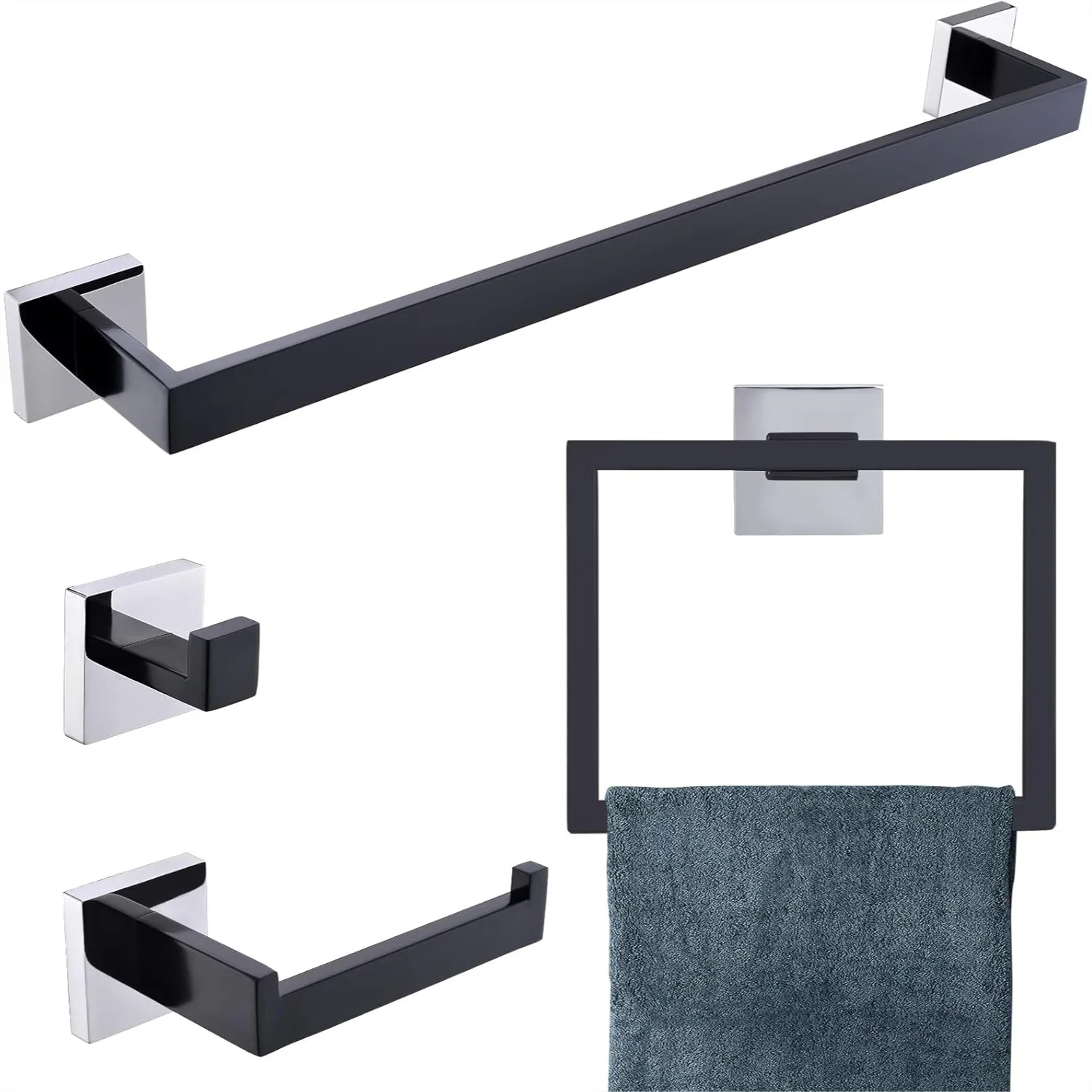 

Bathroom Towel Bar Holder Sets Black and Polished 4-Piece Stainless Steel Hardware Kit Wall Mounted 23.6 Inch