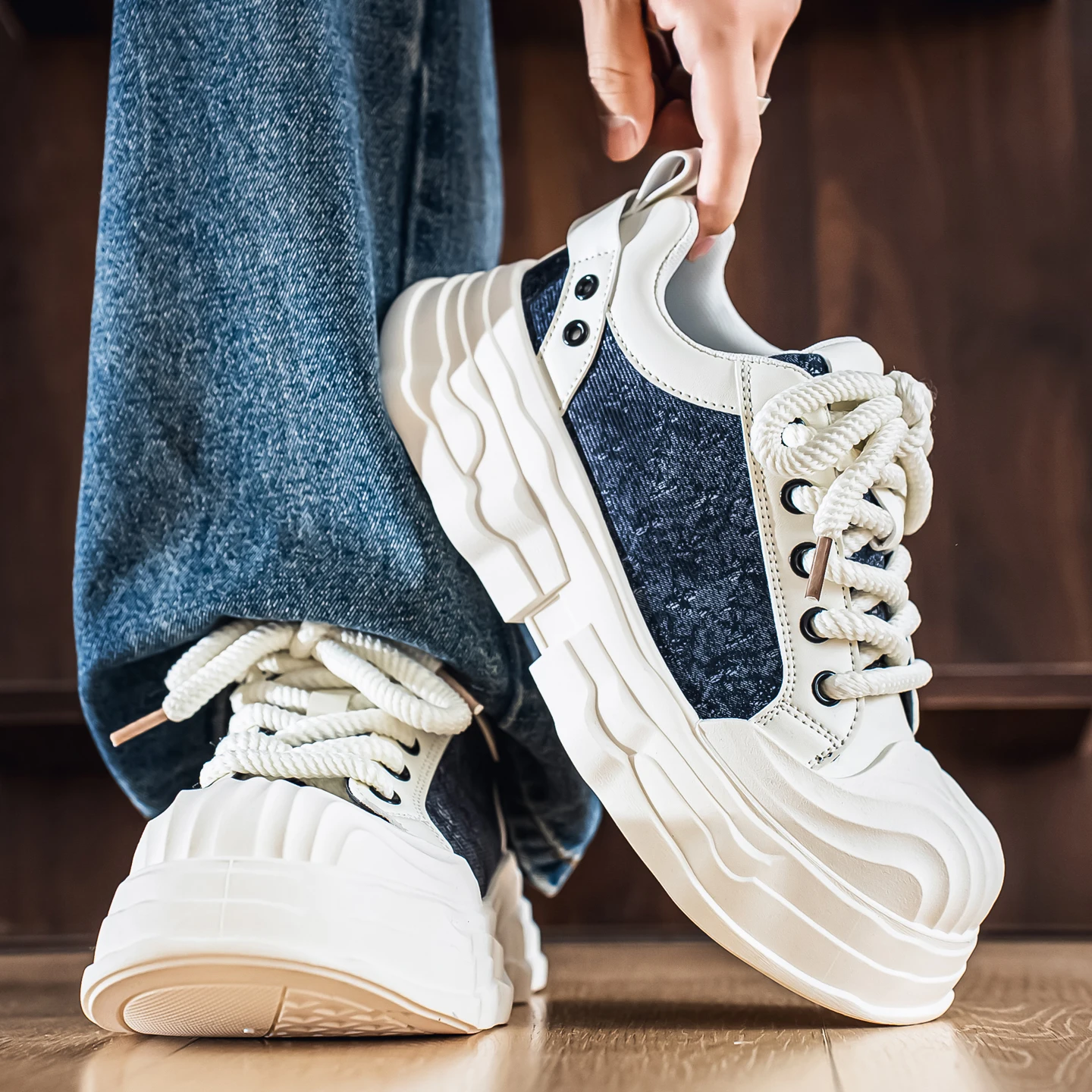 

Мужские ретро-кроссовки на толстой подошве для весны и лета, дышащие джинсовые повседневные спортивные туфли, нескользящие износостойкие туфли дерби с широким носком