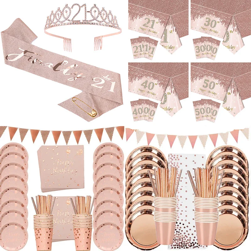 

Adult Rose Gold Birthday Party Decorations Ladies 30 40 50 60 Years Happy Birthday Headwear Tablecloth Disposable Tableware