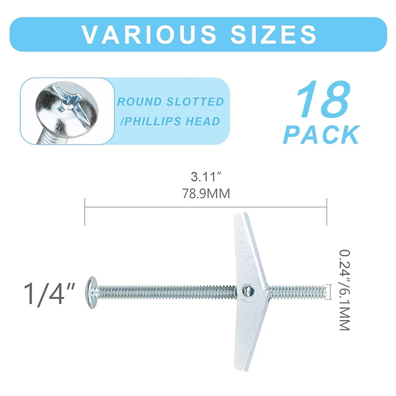 18 Pack 1/4 Inch Heavy Duty Drywall Anchors and Screws,Toggle Bolts and Wing Nuts Set, Hollow Drywall Anchors Bolts Screws