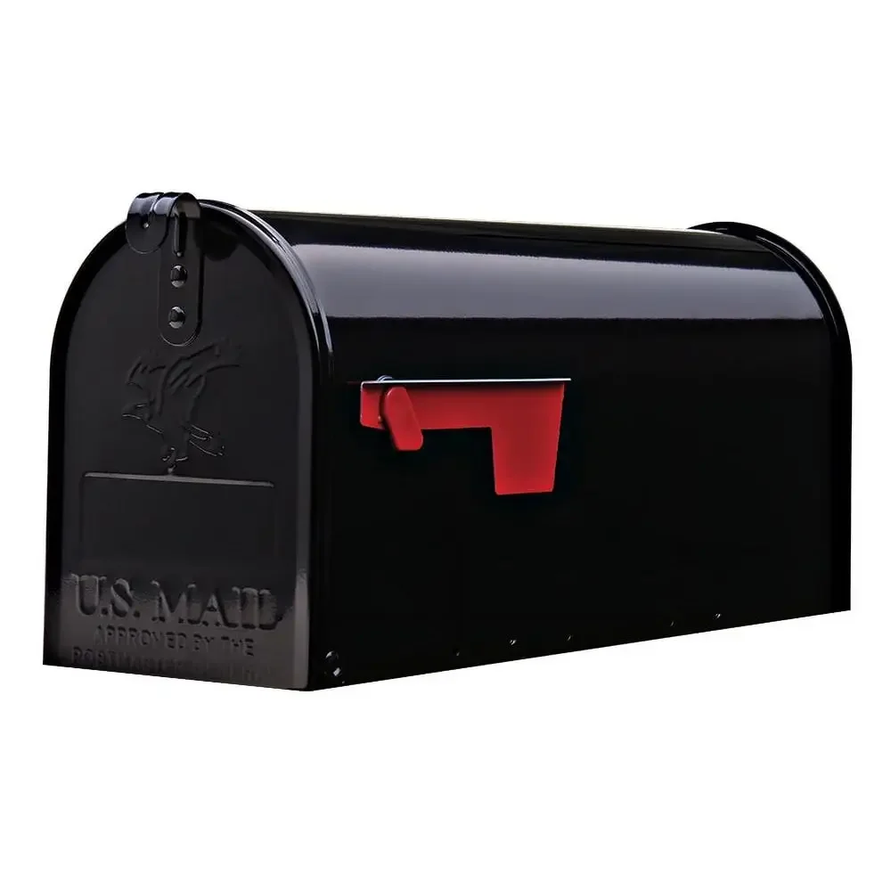 

Medium Black Steel Post Mount Mailbox Rust Resistant Classic Eagle Embossed Adjustable Door latch Address Numbers Glossy Finish