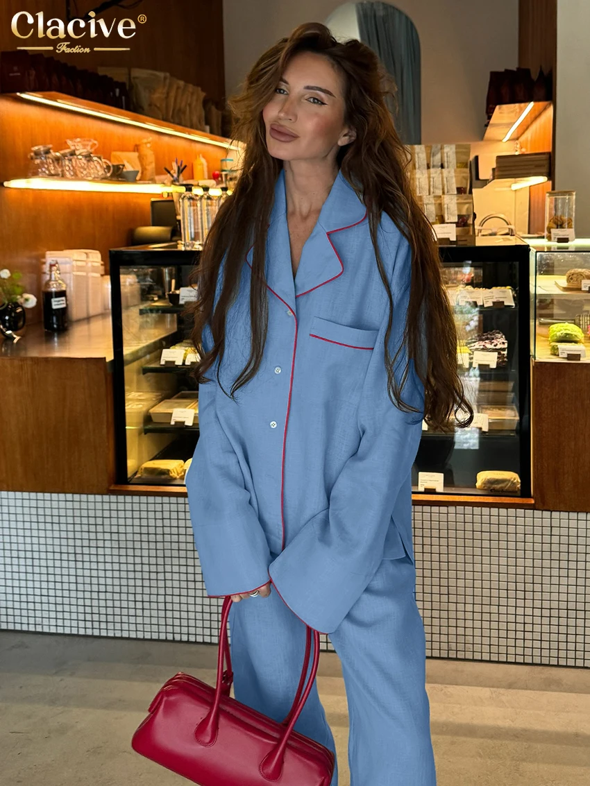Clacive Fashion Loose Blue Cotton Women's Two Pieces Set 2025 Elegant Long Sleeve Shirt With High Waist Wide Pants Set Female