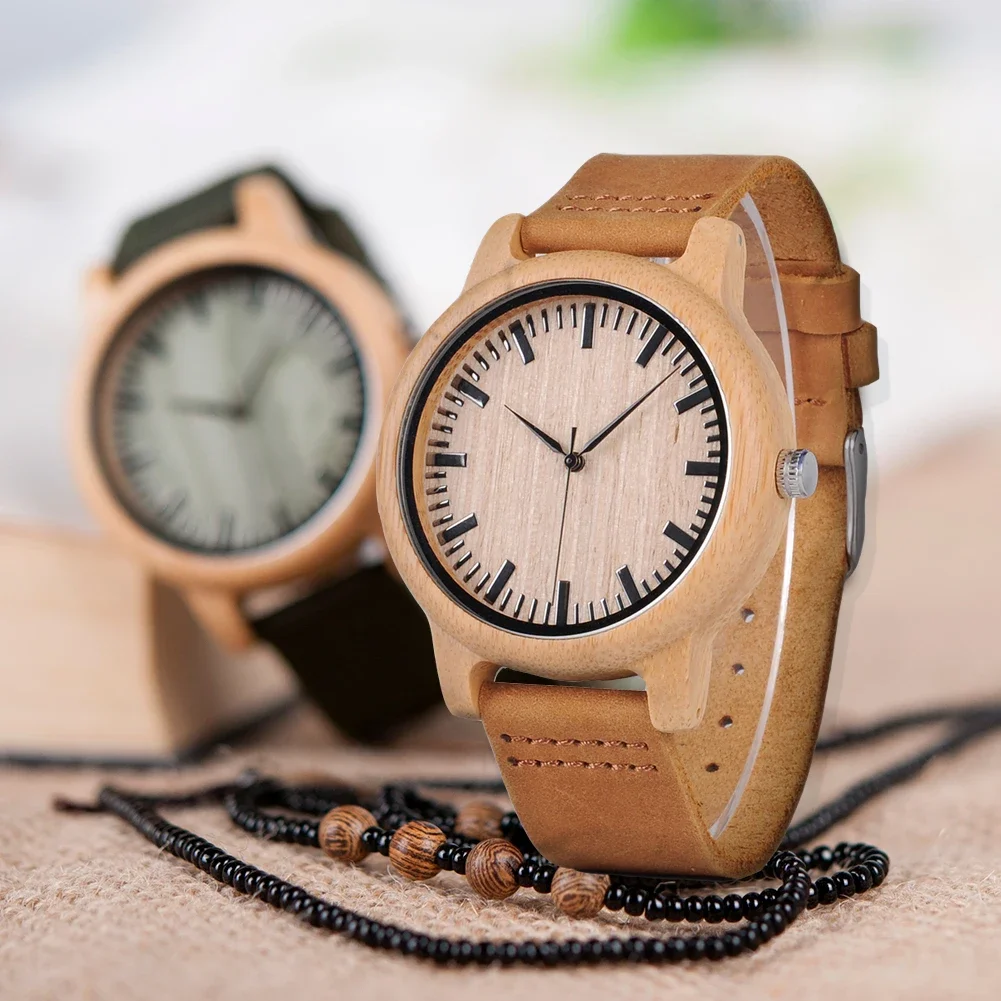 BOBO BIRD Men\'s Classic Quartz Watch Natural Bamboo Case with Genuine Leather Strap Ideal Gift Idea