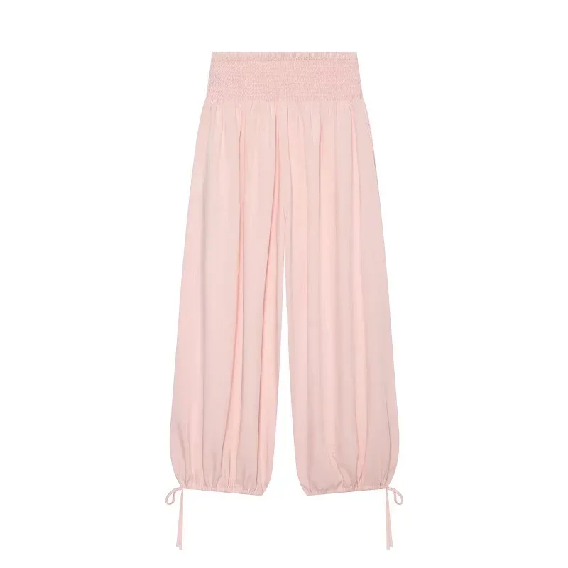 HXAO Sommerhose für Damen mit elastischem Bund, Baggy-Hose in Pink, weit geschnittene Hose mit Schnürung, Jogginghose, Faltenhose, Haremshose für den Urlaub – Detail 4