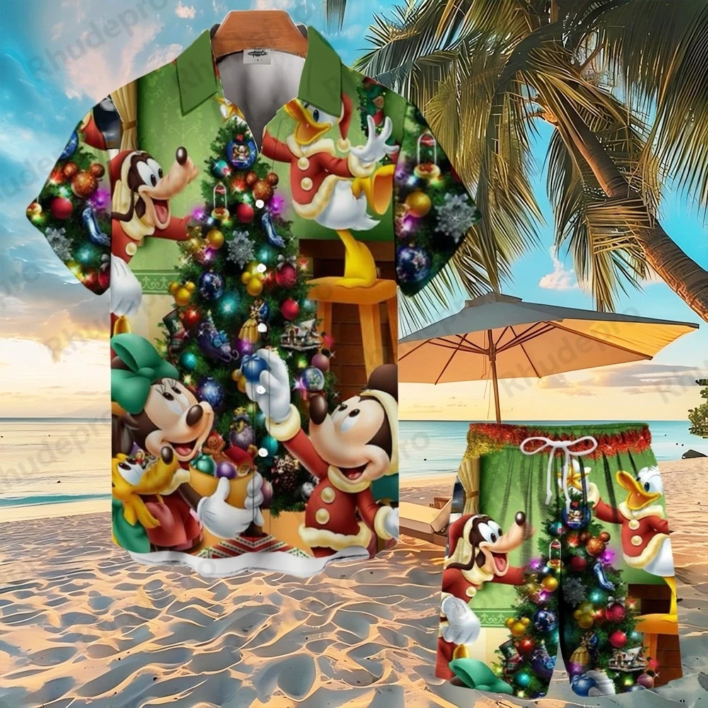2025 ディズニーミッキーマウス 3d プリントアロハシャツスーツ男性と女性のファッションボタン半袖ショートスーツビーチ