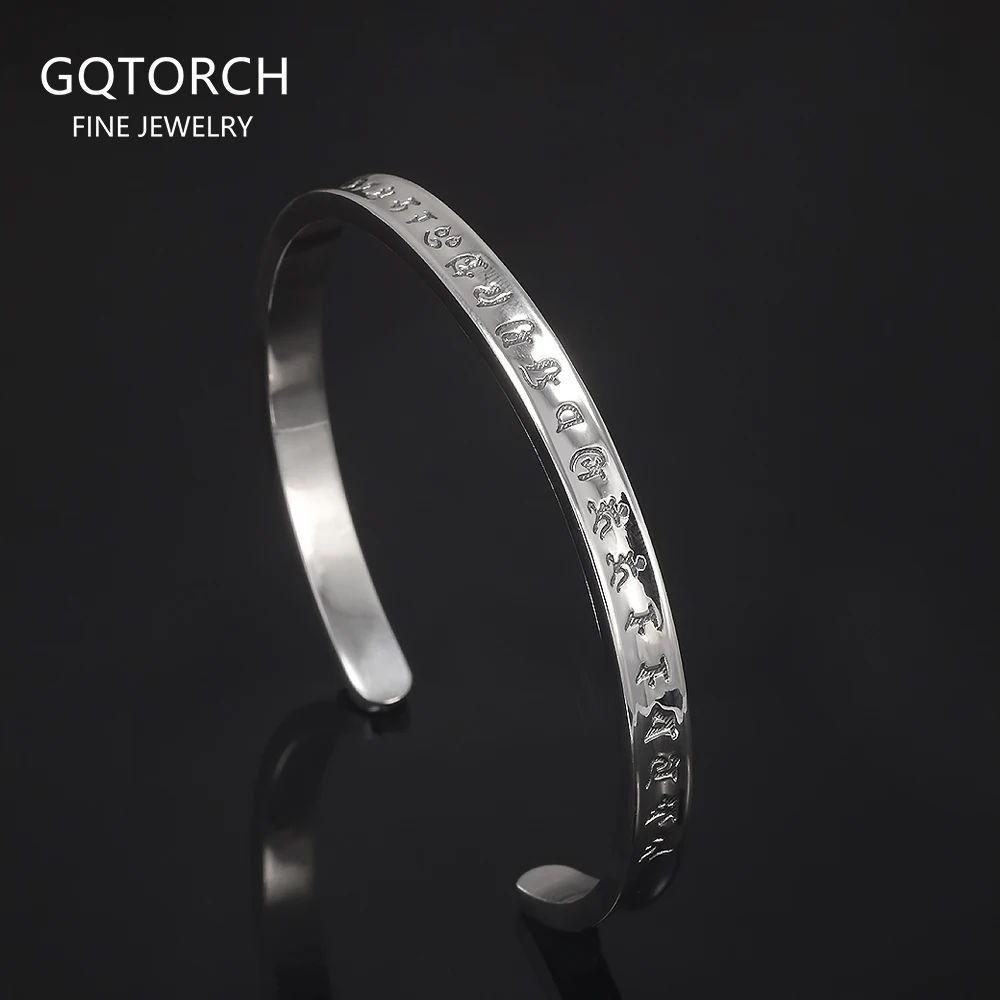 

999 Pure Silver Six Character Mantra Bangle for Women Men High Polished Vintage Simple Buddhist Open Cuff Bracelet Jewelry
