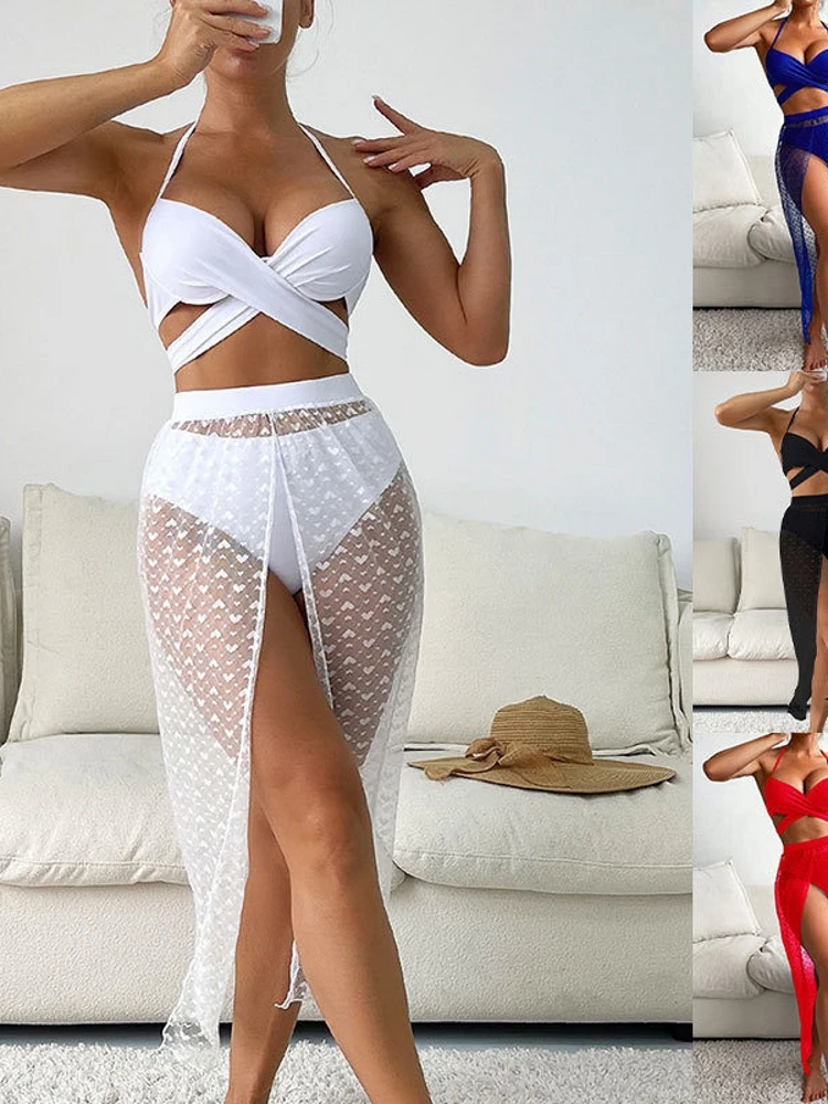 

Pure Color Bikini Sexy Long Netting Sunscreen Women's Three-piece Set Casual Surfing Swimsuit with Chest Pad No Steel Support