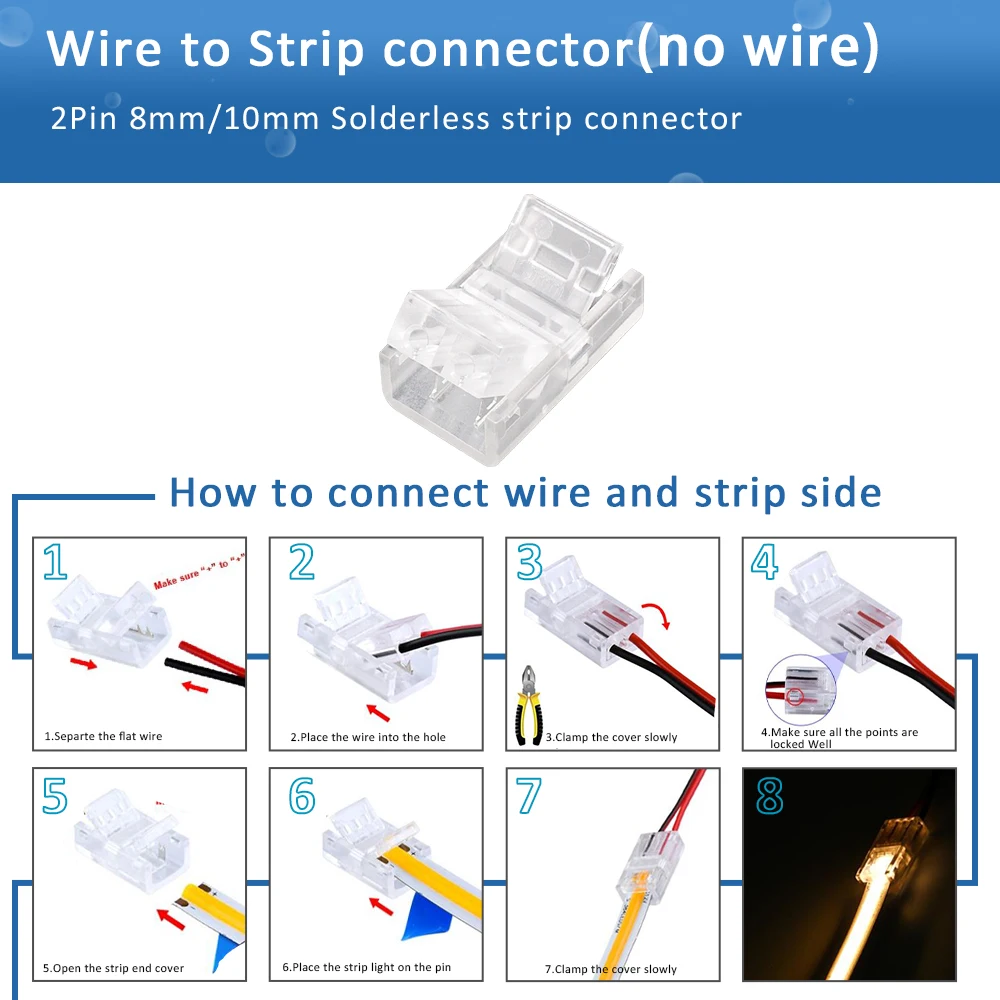 LED Strip Connector 2Pin 8mm 10mm PCB Quick Wire Corner Connector Welding-Free for 2835 5050 SMD COB Flexible LED Strip Lights