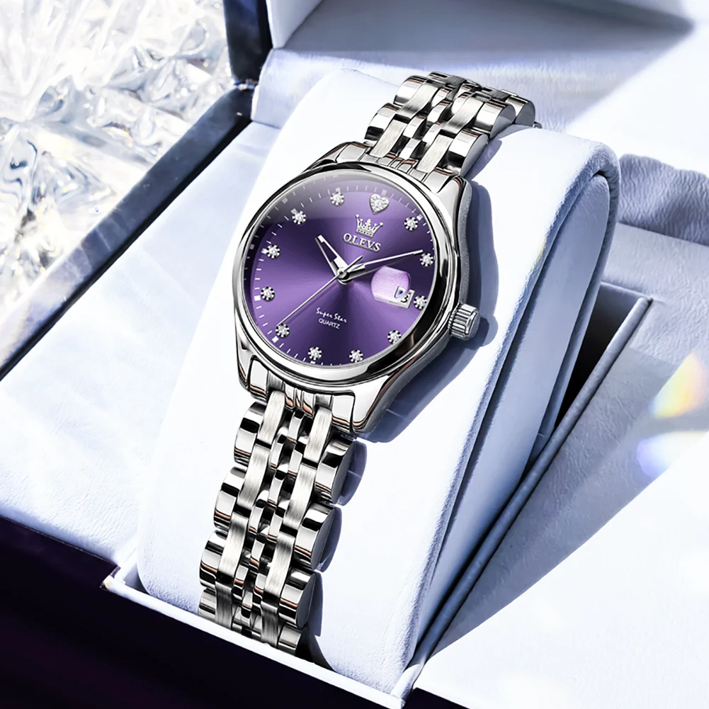 

Женские часы с бриллиантовым фиолетовым циферблатом, модные часы из нержавеющей стали, кварцевые водонепроницаемые светящиеся женские наручные часы с датой ﻿