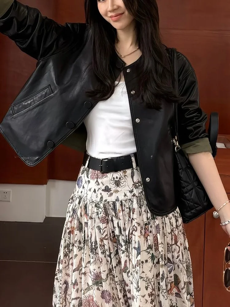 

Women's ort Leather Jaet Double-Sided Wear Real eepskin round Ne Loose Top 2024 New Sle Winter Commute Faion