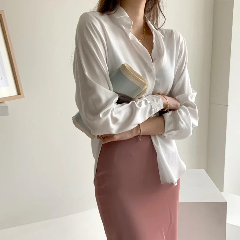 Elegant Korean Office Shirt Fashion Button Up Silk Shirt Blouse Autumn Vintage Hong Kong Loose Stylish Satin Shirt Women 12512