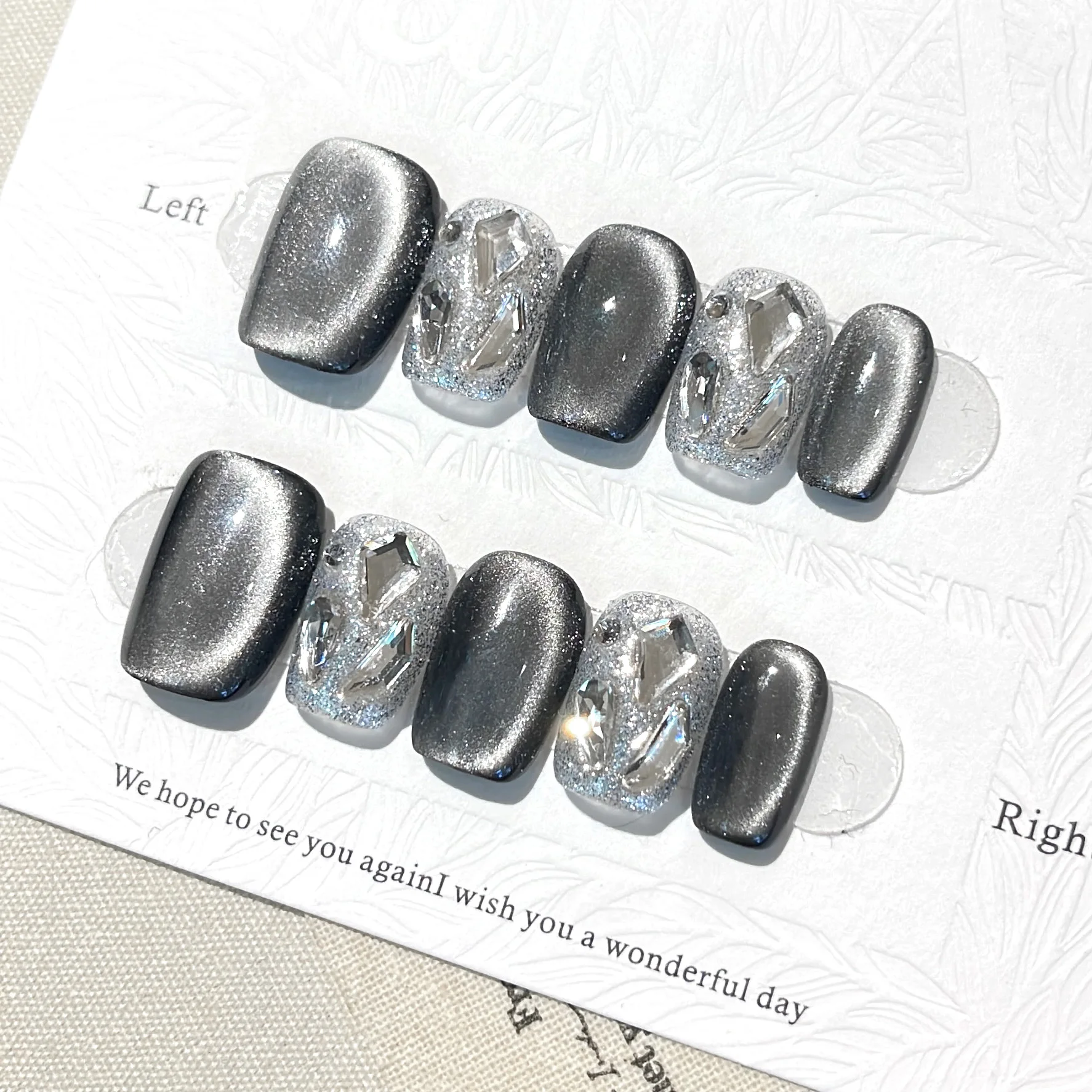 Original Handcrafted False Nails, Black Cat Eye Short Square Press On Nails with Silver Glitter Big Rhinestone Nail Art Tips