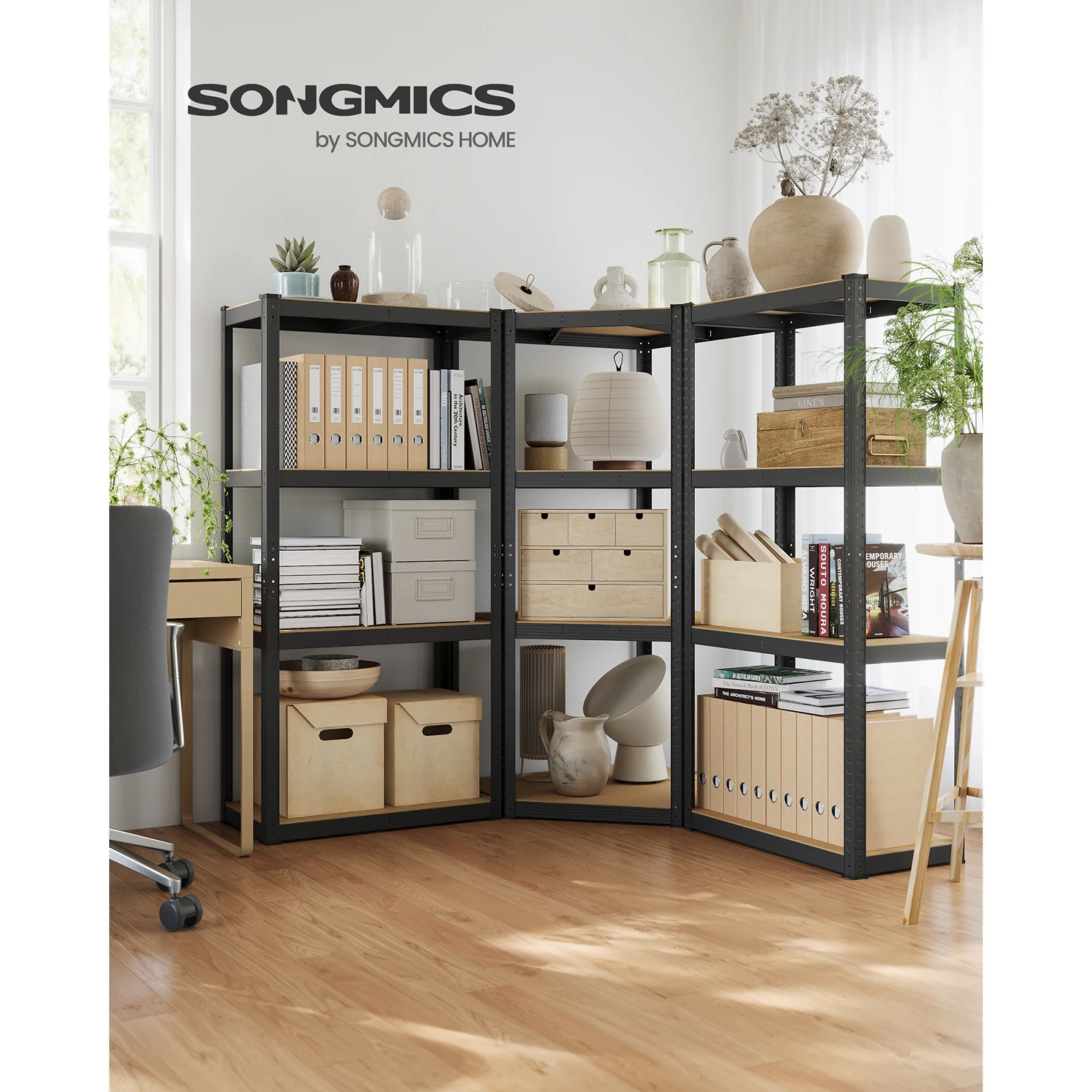 SONGMICS 4-Tier Corner Shelf: Heavy Duty Metal, Garage, Storage Room, Warehouse, 1500kg Load, Ink Black/Natural Beige