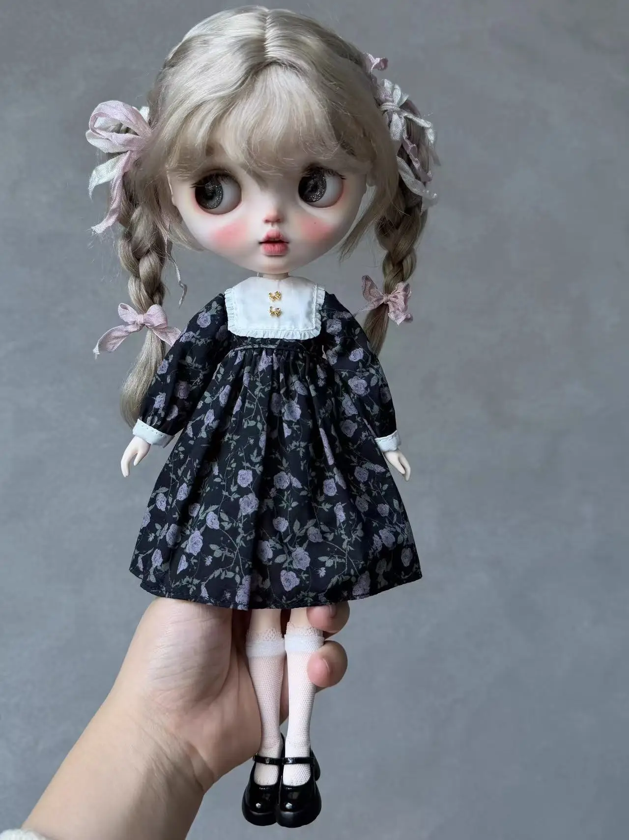 

30 см аксессуары для куклы Blyth, черное платье в стиле Лолиты в стиле ретро, фиолетовое платье с цветочным принтом для 19 суставов, повседневное платье для куклы Blyth