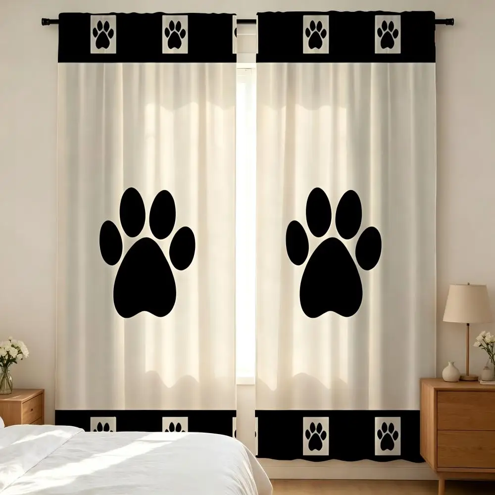 2PCS Animal Curtains, Black White Paw Print Dog Pet, Digital Print, Bedroom Living Room, Rod Pocket Polyester, Home Decor
