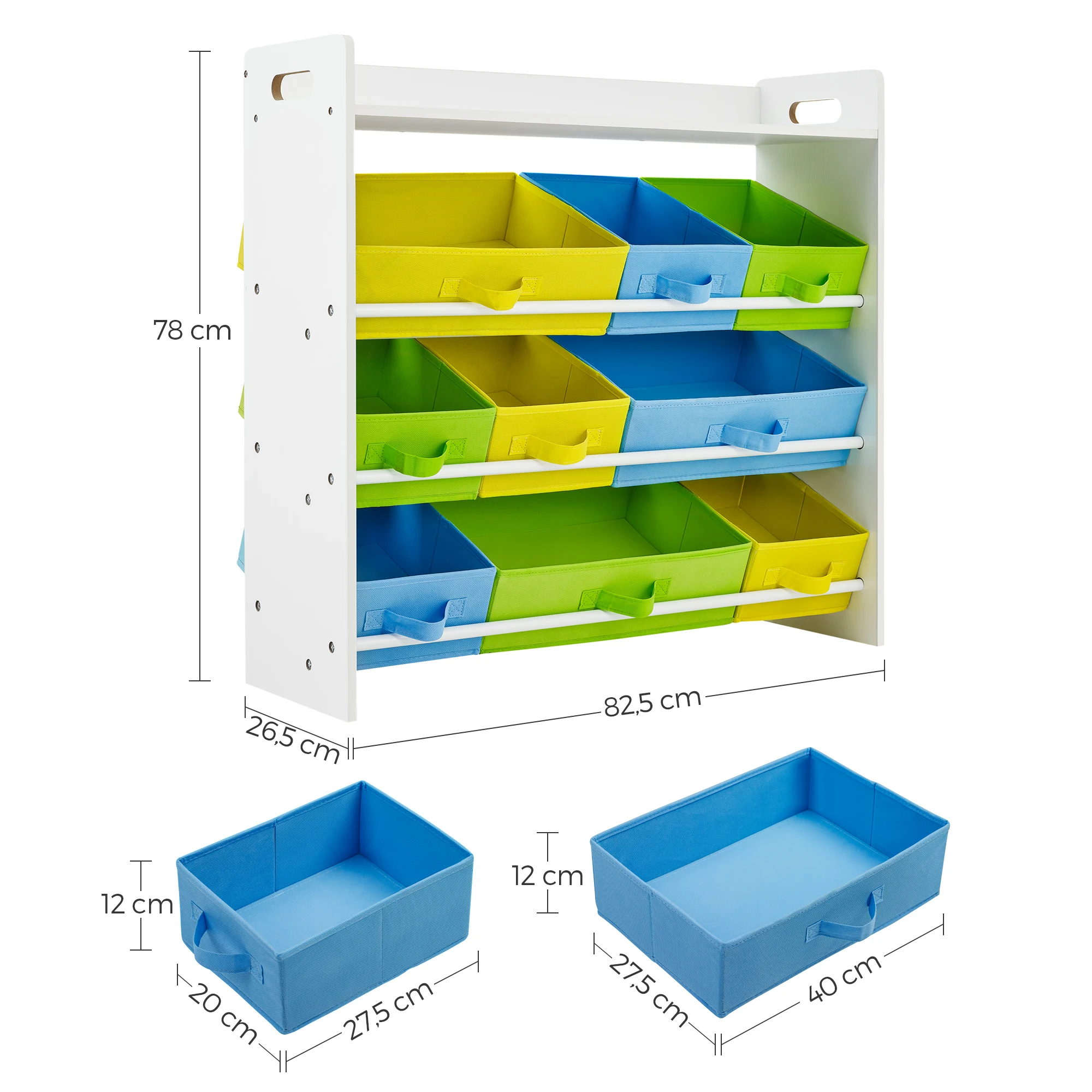 SONGMICS Toy Shelf with 9 Removable Non-Woven Fabric Drawers, Kids Organizer, for Nursery Playroom, Wooden Frame, White