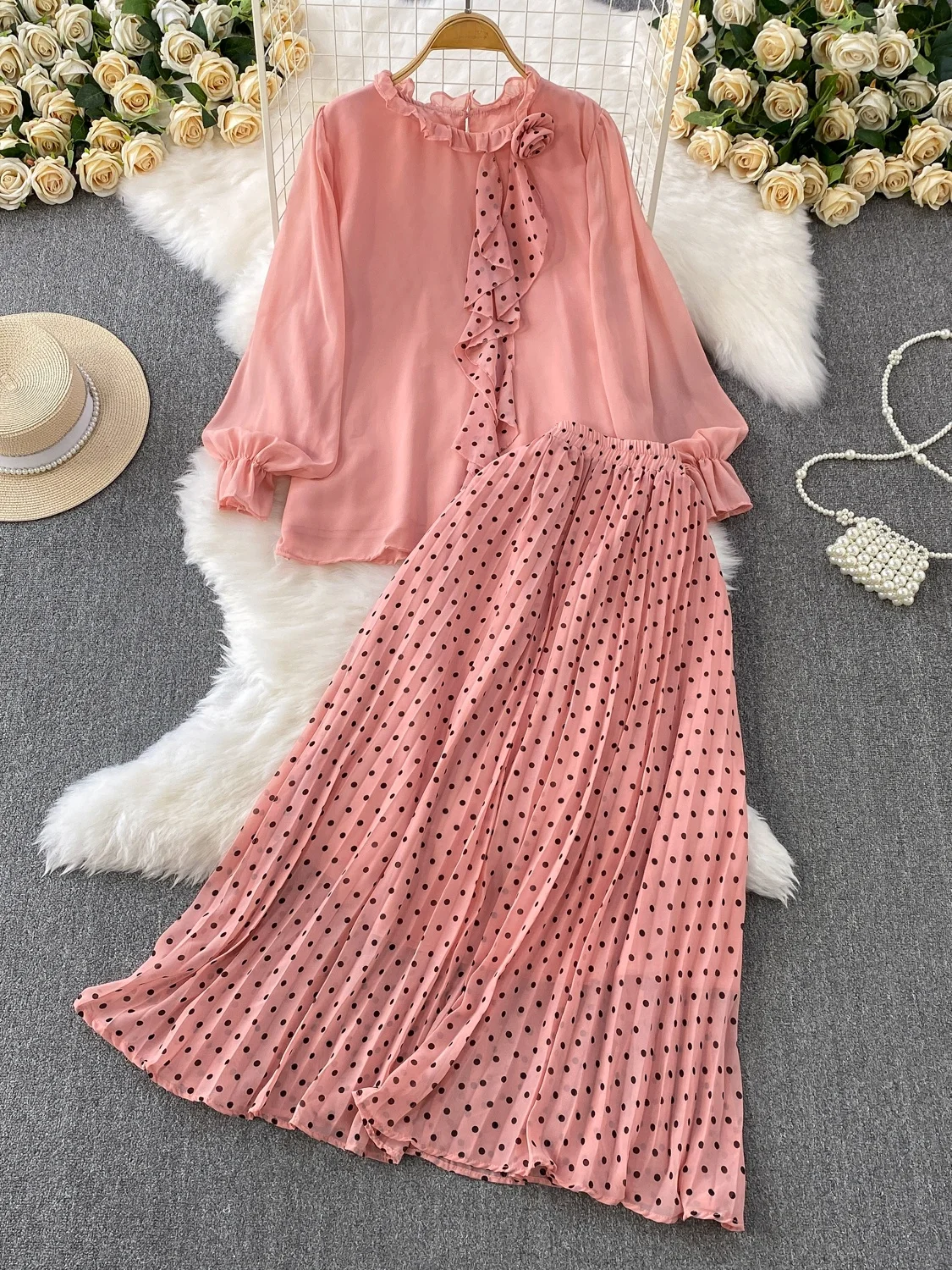 Pelindung Matahari Polka Dot Sve Panjang dengan Rok F Pinggang Tinggi Dua Potong Set Pakaian Faion Musim Panas Wanita Sifon Longgar...
