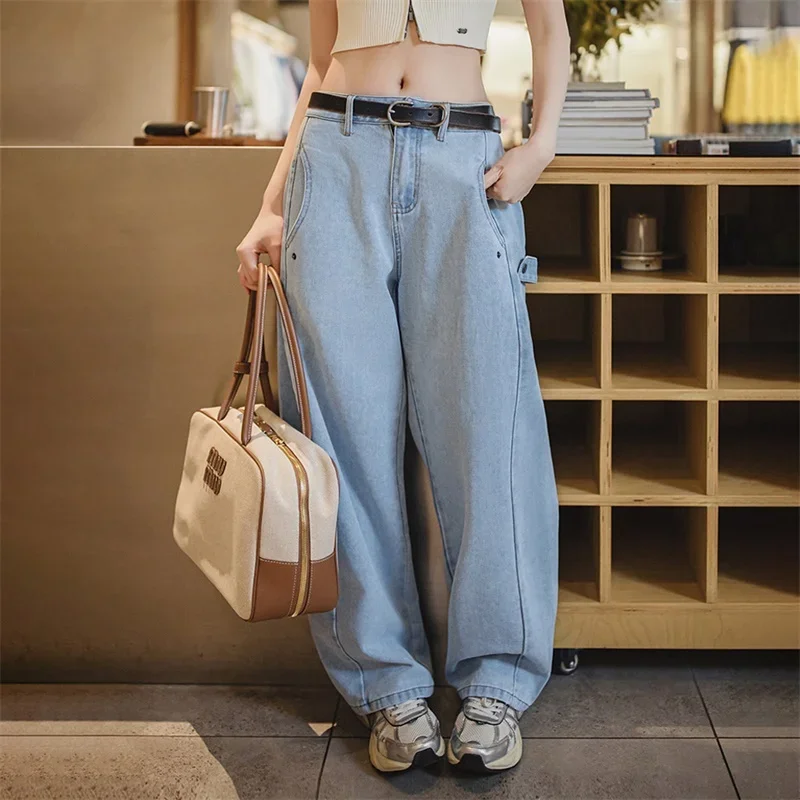 

Maden Vintage Women Deconstructed Washed Jeans Spring Fall Straight Leg Wide Denim Pants Heavyweight Casual Streetwear Trousers
