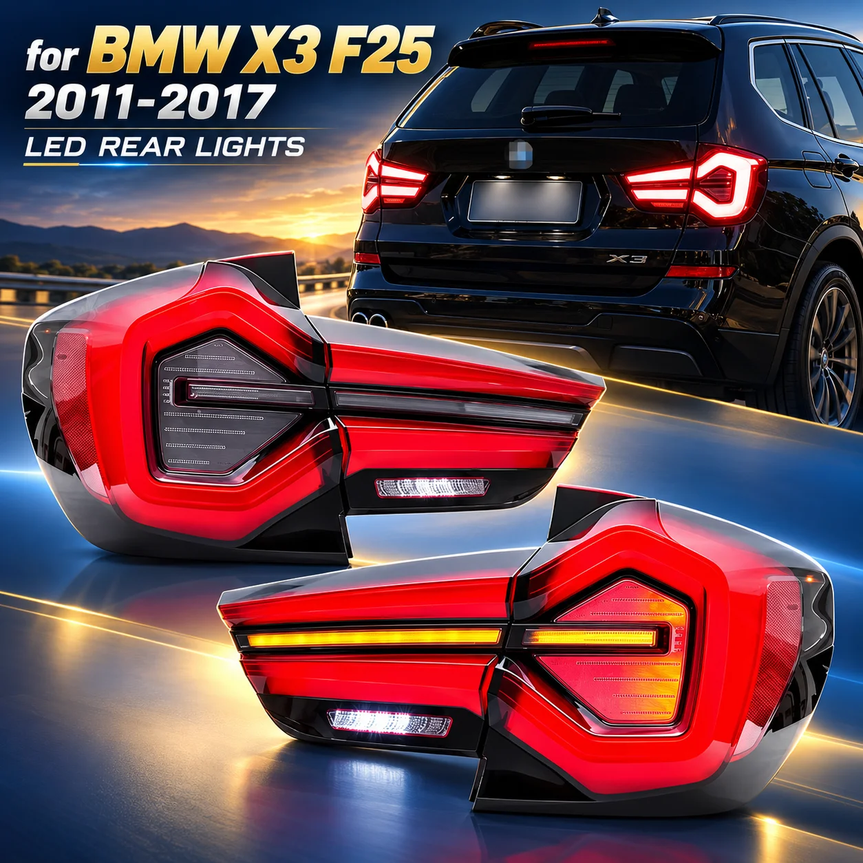 4 Stück LED-Rückleuchten für BMW X3 F25 2011–2017, Rücklicht, Bremslicht, Blinker, Tagfahrlicht und Rückfahrlicht, Plug-and-Play-Ersatzteile für Fahrzeuge.
