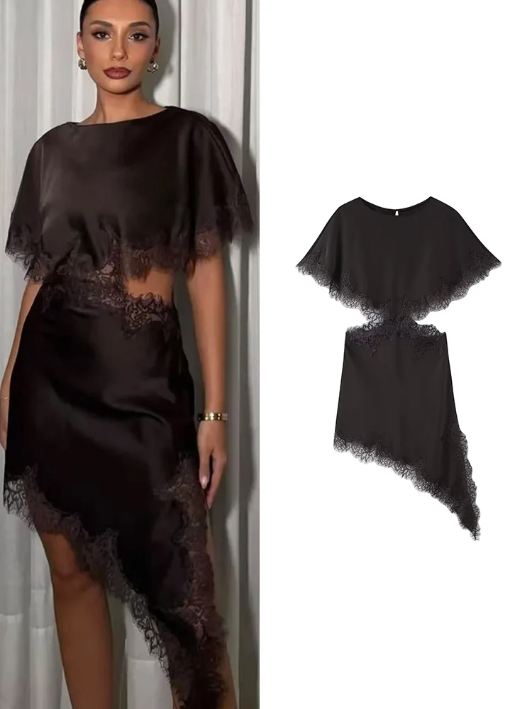 TFMLN 2026 Frauen Sommer Party Spitze Kleid Sexy Taille Aushöhlen Asymmetrische Saum Kleid Mode Damen Solide Elegante Club Kleid