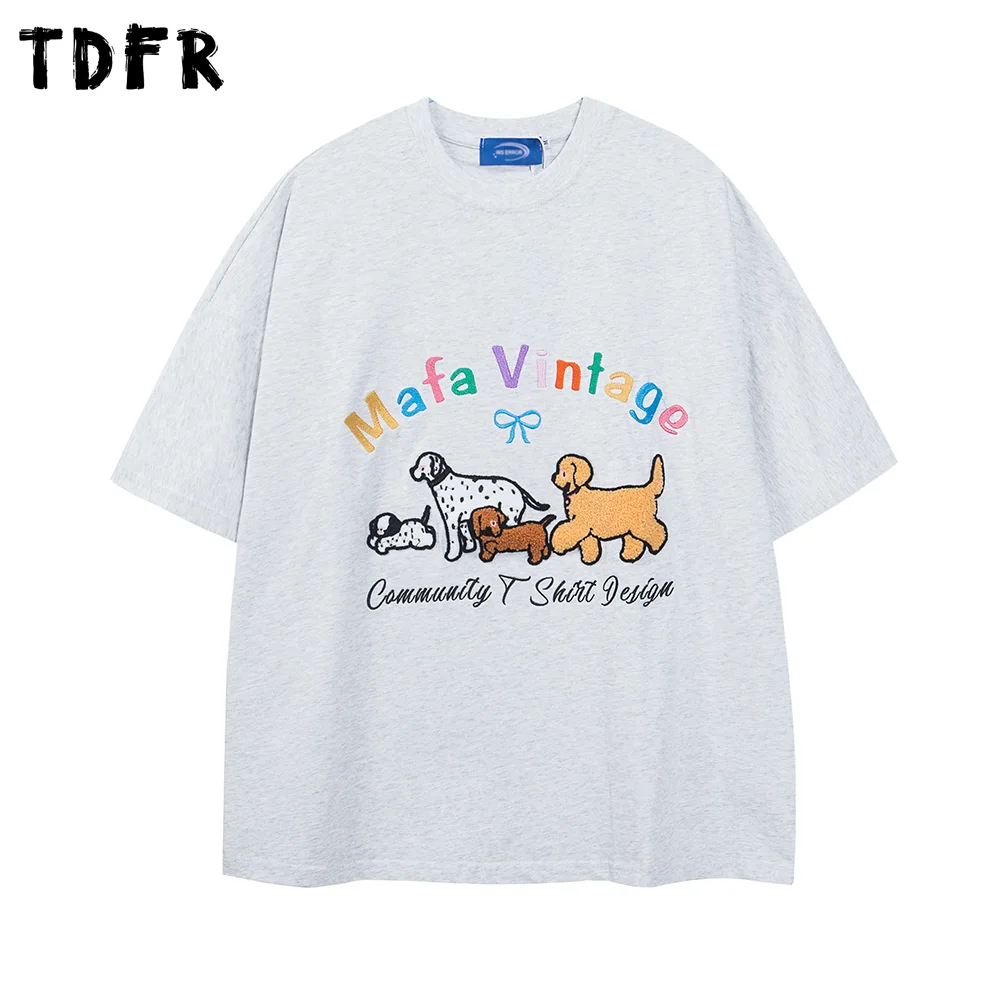 

Puppy Patch Embroidery Short Sleeve T-shirt Mens Summer Vintage Streetwear Crew Neck Loose Cotton Tee Men