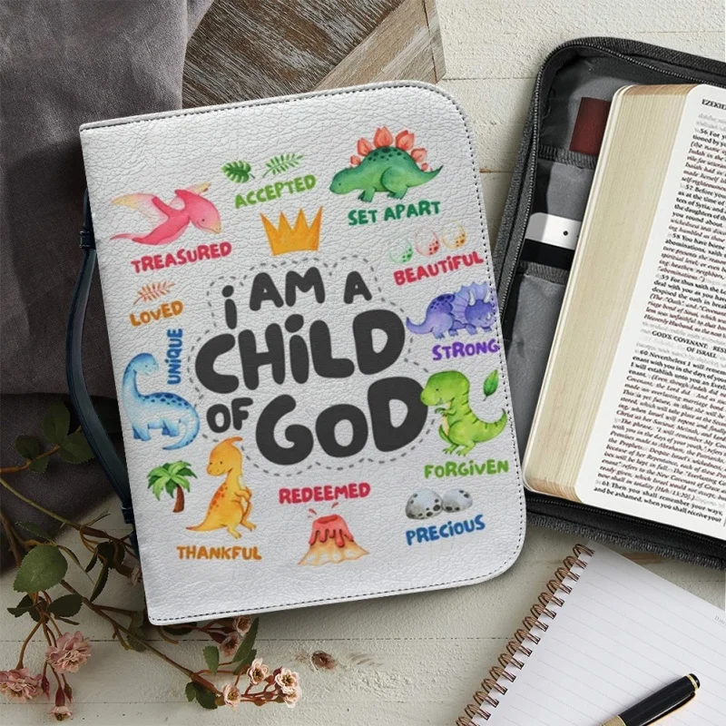 Dinosauri colorati Child of God stampa personalizzata custodia per bibbia in chiesa borse in PU libro di studio scatole portaoggetti per bambini