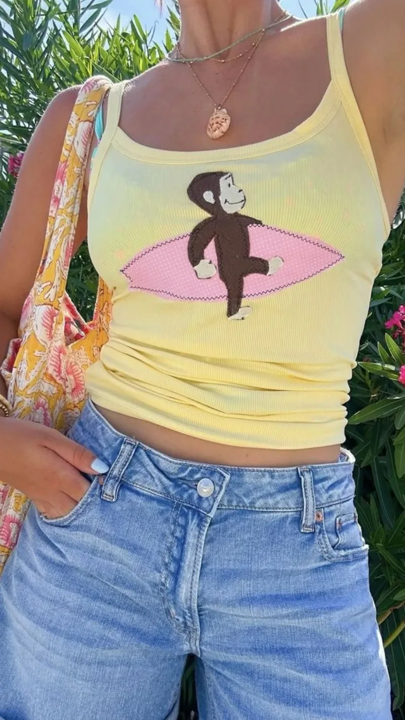 Women Pale Yellow Ribbed Cropped Cami Tank Top Surf Monkey Patch Applique Cute Y2K Summer Beach Daily Sleeveless Slim Fit Vest