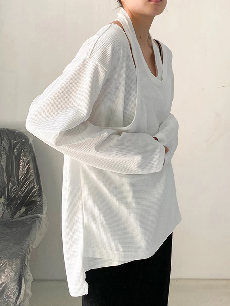 [EAM] Women White Irregular False Two Big Size Casual T-shirt New Round Neck Long Sleeve Fashion Tide Spring Autumn 2024 1DF8508