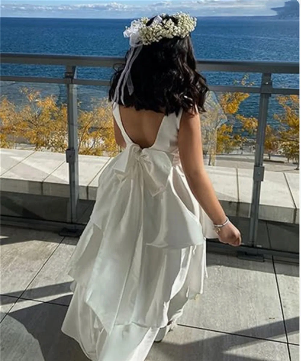 

Elegant Girls Party Gown Tiered Satin Princess Flower Girl Dress for Wedding with Bow Backless Pageant Birthday Dress Customized