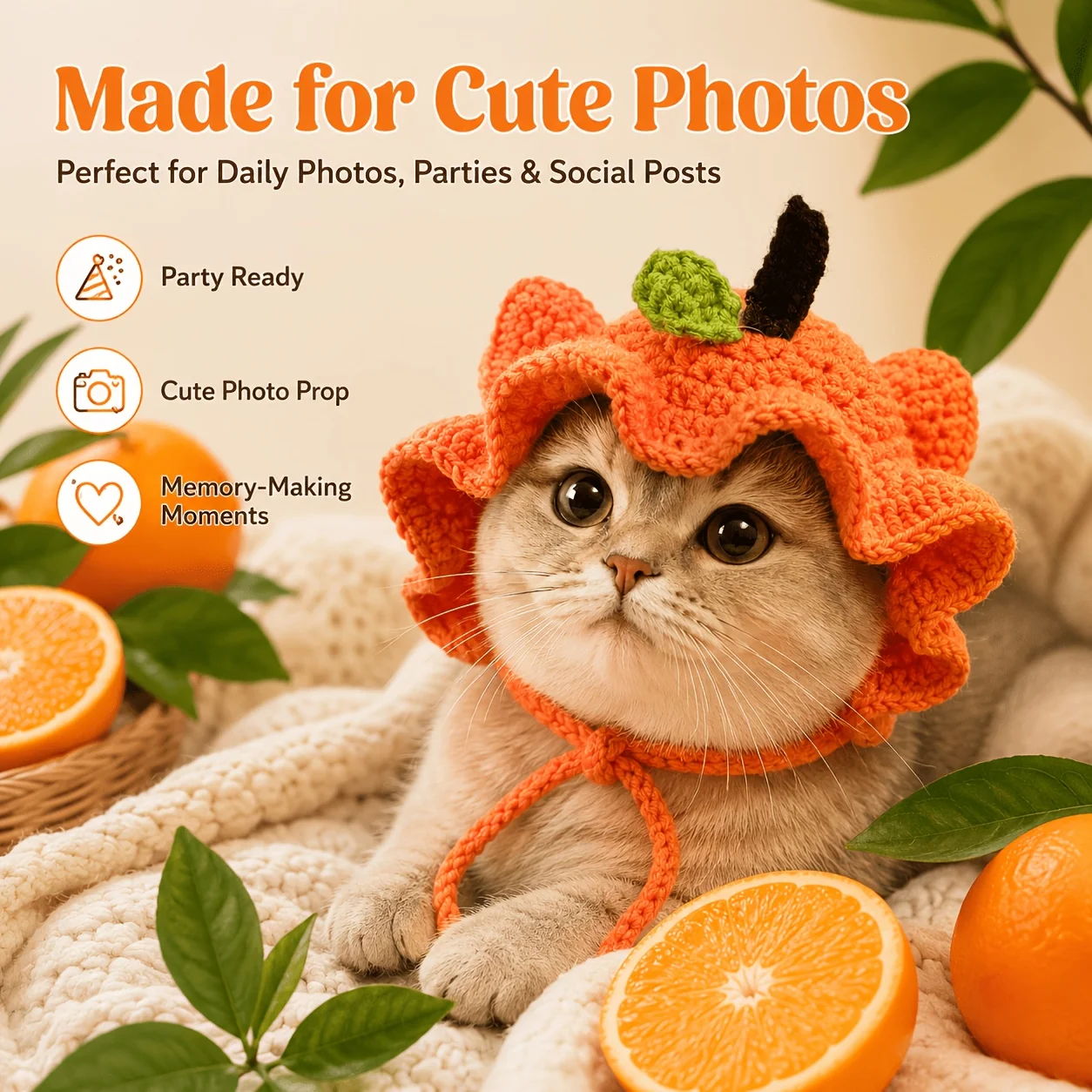 Cute Orange Peel Cat Hat, Soft Crochet Citrus Costume with Adjustable Ties, Funny Photo Prop for Cats and Kittens, Hats for Cats view 5