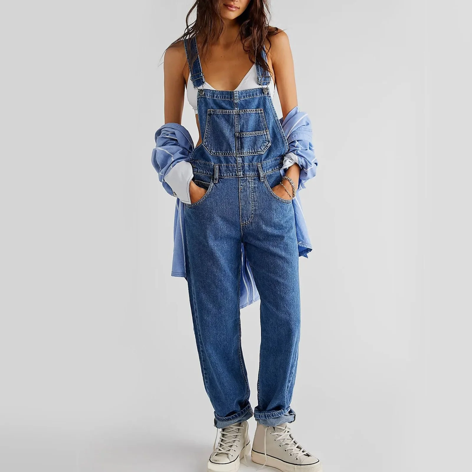 Women Jeans Jumpsuit Rompers New Retro Big Pocket Denim Overalls Fashion Straight Denim Jumpsuits Cross Back Adjustable Strap