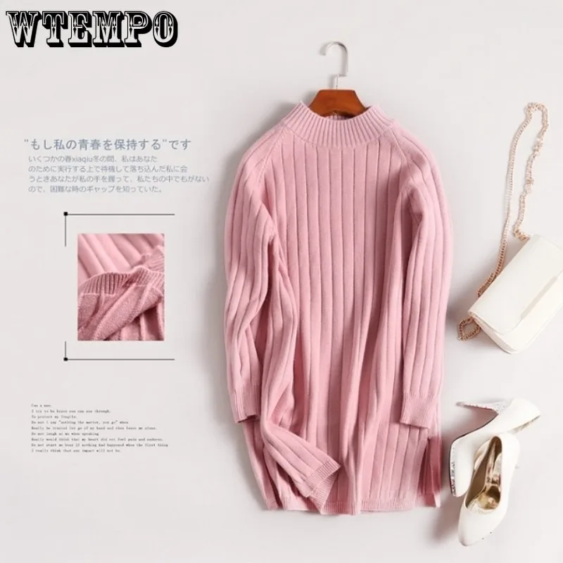 WTEMPO Turtleneck Sweater Women\'s Mid Long Knitted Bottoming Shirt Loose Pullover Knitted Tops Long Sleeve Casual Sweater