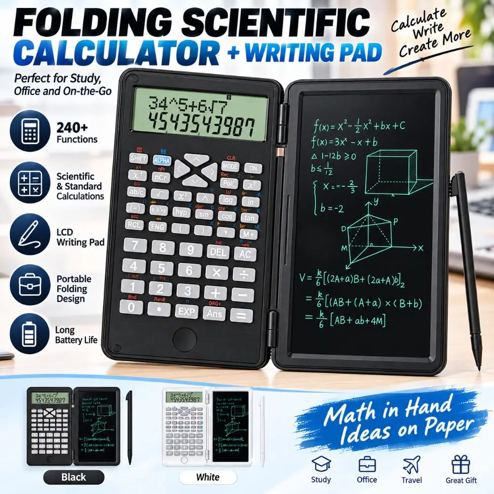 12 Digit Scientific Calculators LCD Notepad Foldable Function Calculator Stylus Writing Pad Math Calculator Office School Supply